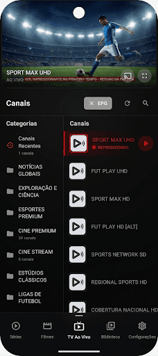 Lista de canais ao vivo do Lumus Player no celular